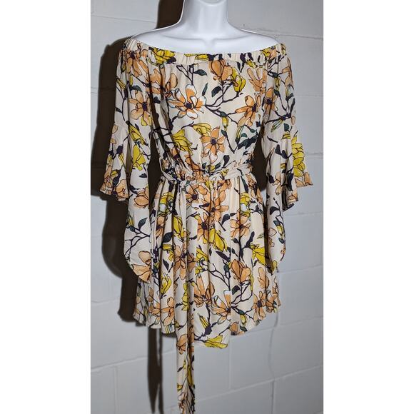 Essue Floral Print Dress Bell Sleeve Off Shoulder Tie Waist Mini Dress Small - Picture 2 of 8
